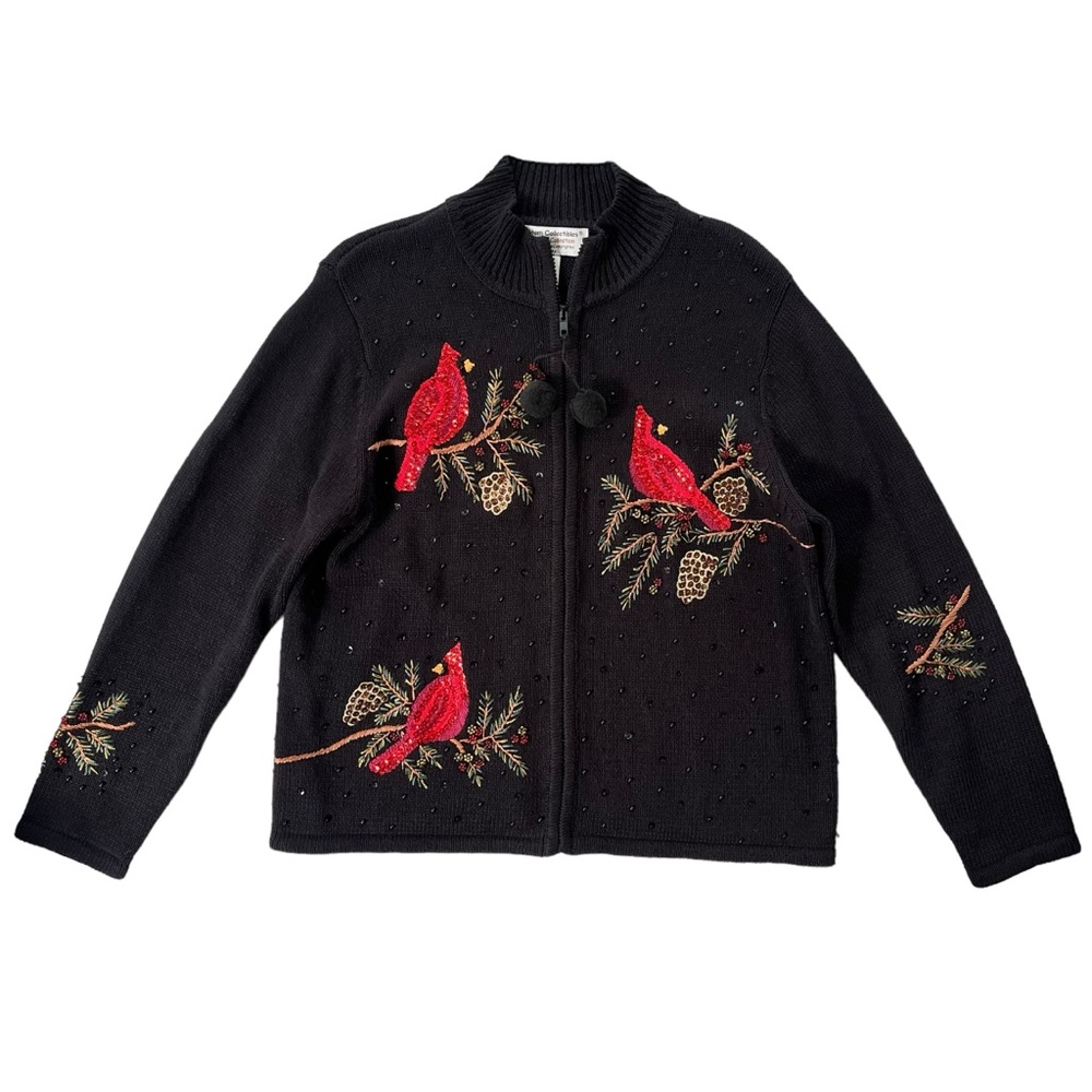 Heirloom Collectibles Womens PL Black Cardinal Sequin Bead Zip Christmas Sweater